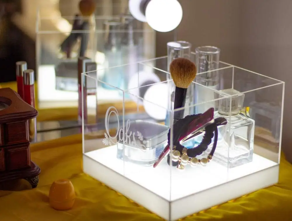 Acrylic LED-Lighted Office Desktop Display Stationery Organizer/Makeup Brushes Organizer/Pencil and Pen Case Holder, Storage Box