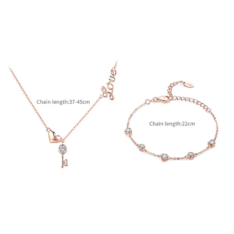 S925 стерлингового серебра розовое золото сердцем ожерелья браслеты комплект ювелирных изделий для женщин модные элегантные plaini подарок ко Дню Святого Валентина