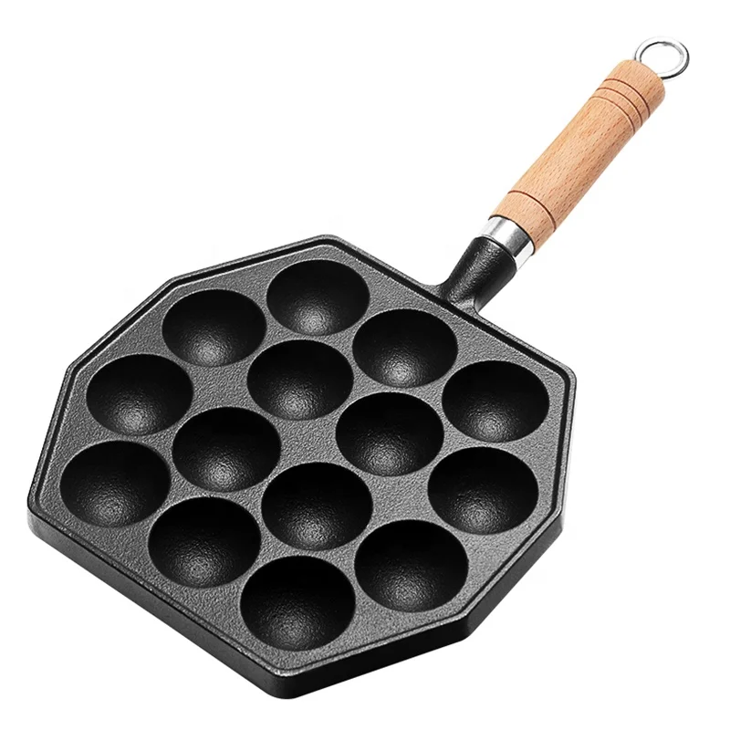 14 Holes Pancake Pan Cast Iron Octopus Ball Pan Japanese Takoyaki Maker with Wooden Handle