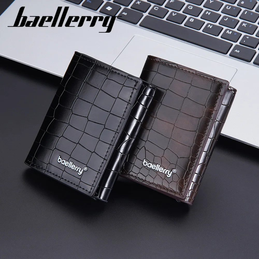 baellerry pop up minimalist wallet pu leather Crocodile Texture RFID Aluminum Slim Pocket trifold money pocket pop up wallet