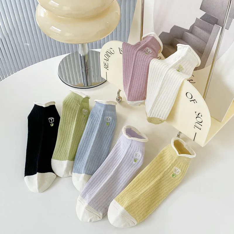 Summer Korean In Stock Fashion Cute Embroidery Flower Tulip Girls Socks Cotton Cozy Fancy Ruffle Women Ankle Socks