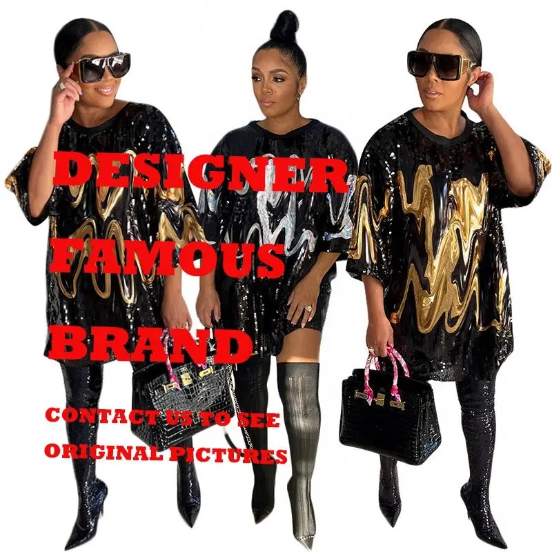 Trending Products 2022 New Arrivals Famous Brand Short Sleeve Long T-Shirt Dress Shinny Sequin Casual Luxury Designer Dresses