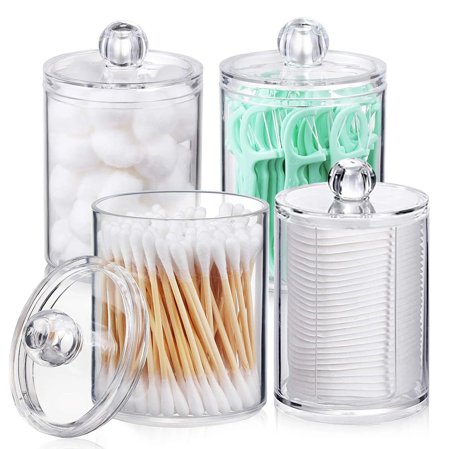 Qtip Dispenser Jars Bathroom with Labels Qtip Holder Storage Canister Clear Plastic Acrylic Boxes with Lids Jar for Cotton Ball