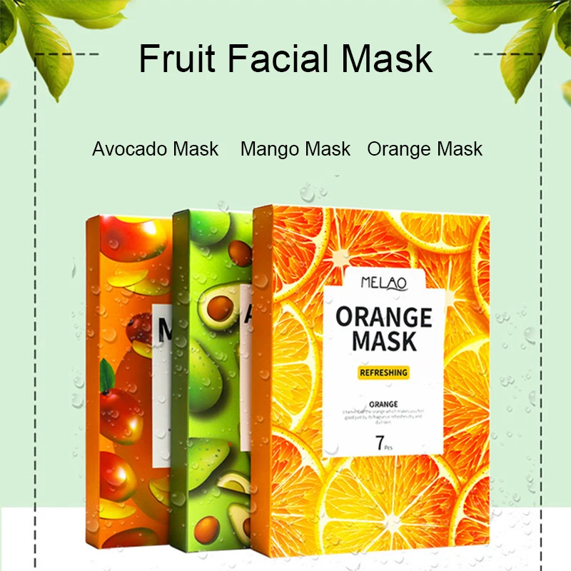 Wholesale Avocado Mango Orange Fruit Mask 7 Pic Mix Box Of Facial Sheet Masks Logo Packaging