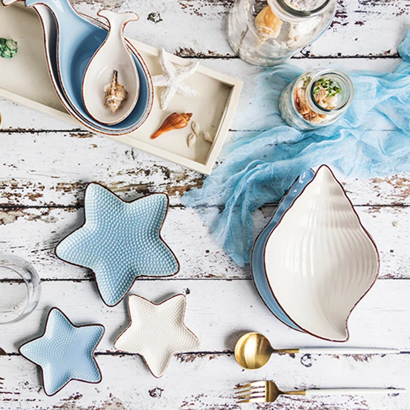 Household Mini Candy Snacks Serving Dish Ceramic Tableware Restaurant Ocean Irregular Shape White And Blue Plate