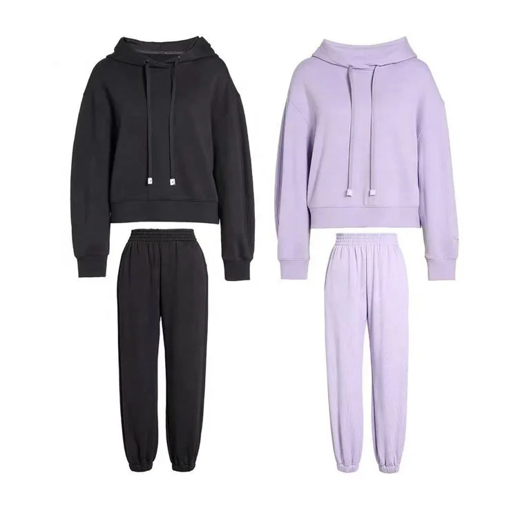 Wholesale 100% Cotton Long Sleeve Drop Shoulder Sweatshirt Jogger Pant Two Piece Set Winter Tracksuit Women