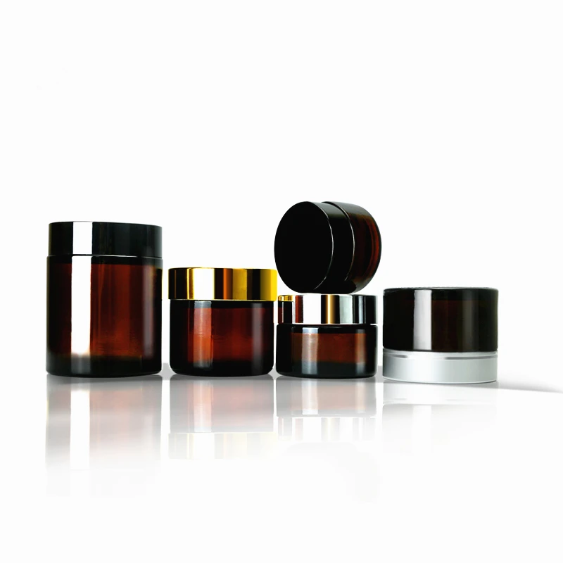 15ml 20ml 30ml 50g 60ml 100 ml cosmetic facial jars dark brown amber glass cream glass jars with gold black lids for skin care