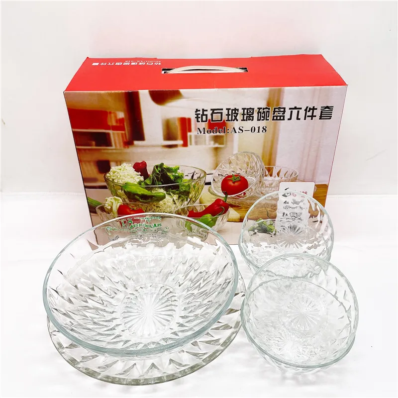 Factory direct sale diamond glass salad bowl glass dessert plate 6-piece set kitchen essential tableware price discount