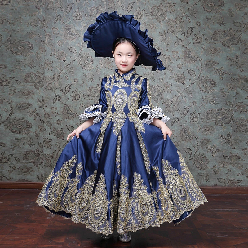 Kid Girls Retro Dress Medieval Princess Dress Cosplay Costumes Girl Square Neck Puff Sleeve Party Dress Ball Gown