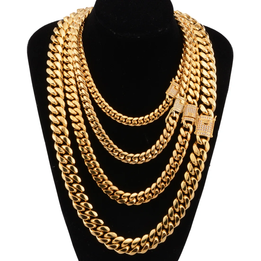 12mm Cuban Link Chain Colar de Corrente de Aco Inoxidavel com Fivela de Ouro Zirconio Colar de Corrente Cubano