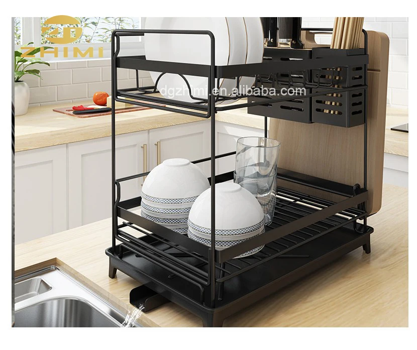 Metal Cup Glass Drainer Storage Dish Dryer Tray Rack With Kitchen Utensil Holder