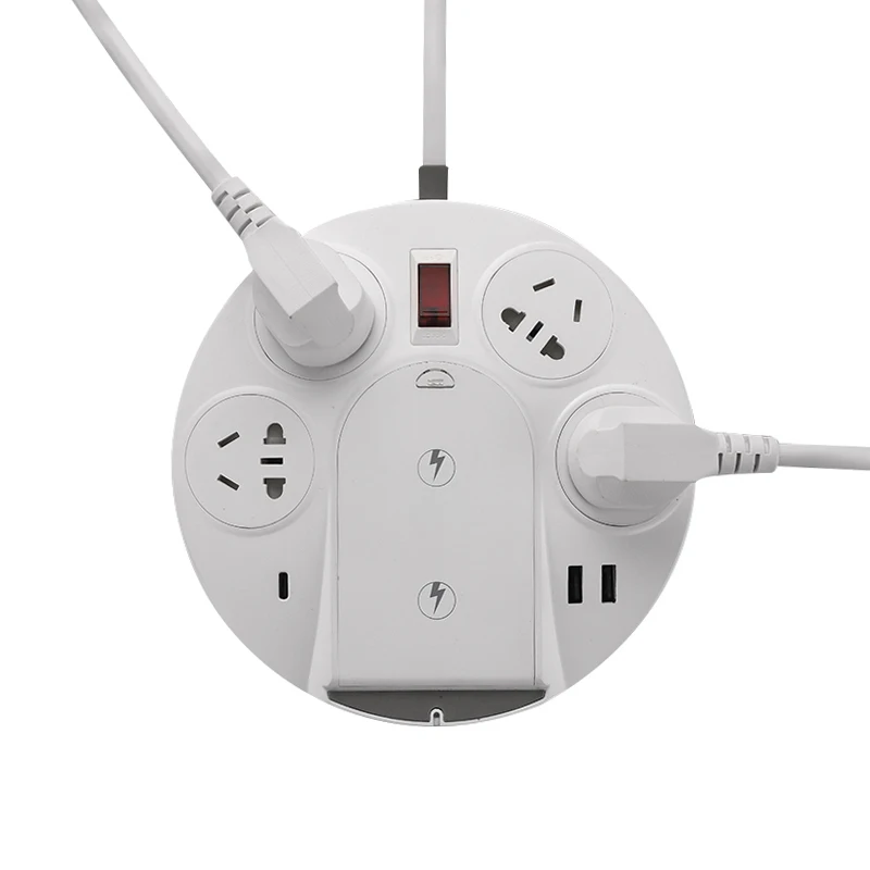 2021 новый дизайн, круглая форма, 4 выхода переменного тока, 2 USB-порта для зарядки PD, 45 Вт, адаптер с беспроводным зарядным устройством