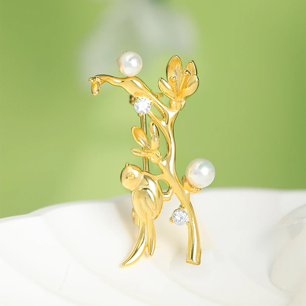 Grace Jewelry White Zircon Cute Bird Animal Shape 925 Sterling Silver High Quality Freshwater Pearl Brooches for Women