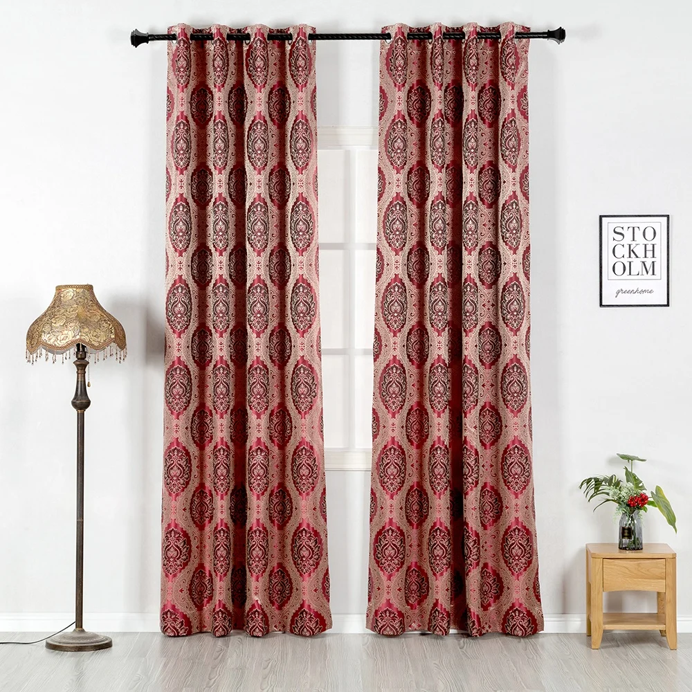 2020 New arrival luxury jacquard curtain for the living room ring top gold burgundy floral home curtain factory Zucchi