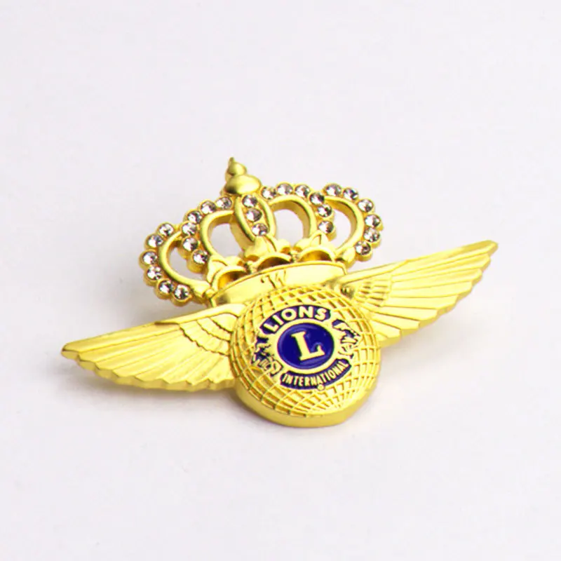 Lions club SOS lapel pin gold badge, gold plated lapel pin maker with stone