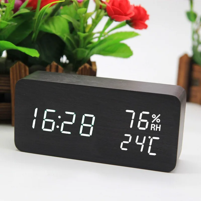 Nightlight Large Office Digital Clock Made Of Wooden With Led Screen Table Clock Portable Lamp
