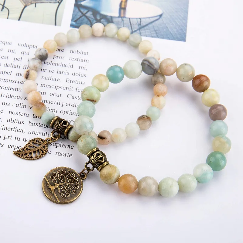 Natura Gemstone Beads Bracelet For Women Tree Of Life And Leaf Charm Chakra Energy Healing Stretch Bracelet (KB8556)