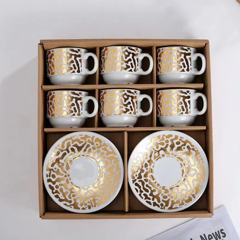 Wholesale 12 Pcs Western Royal Home Decors Ceramic Coffee & Tea Set With Gold Handle