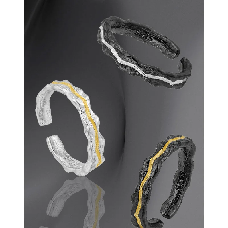 Personality Double Colors Mixed 925 Silver Open Ring Irregular Black Color Textured Open Rings