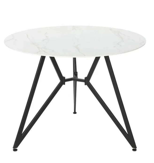 good quality round glass steel stone dining table with black painted legs for dining room furniture