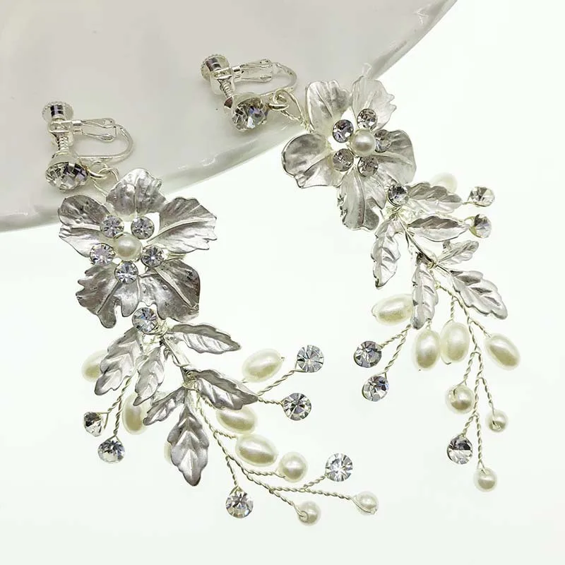 SLBRIDAL ручной работы со стразами с украшением в виде кристаллов цветами и жемчугом клип на свадебные серьги-подвески форме люстра серьги для женщин ювелирные изделия девушек