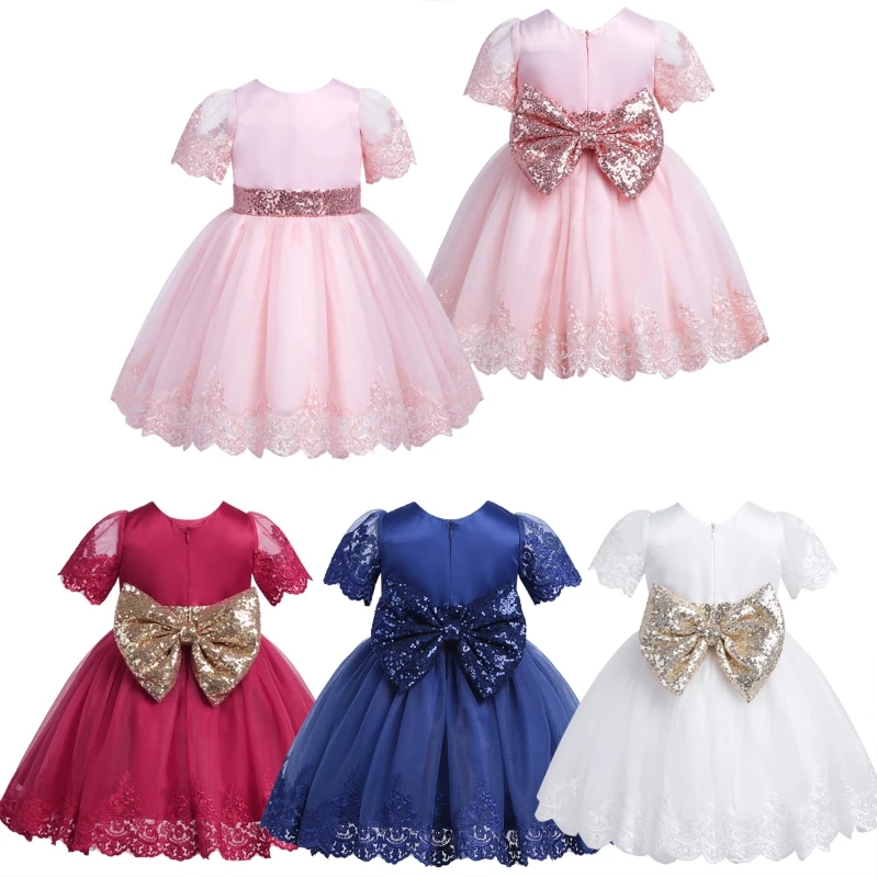 
In Stock Infant Baby Dress Sequined Bowknot Flower Princess Embroidered Birthday Party Dress  (1600212631221)
