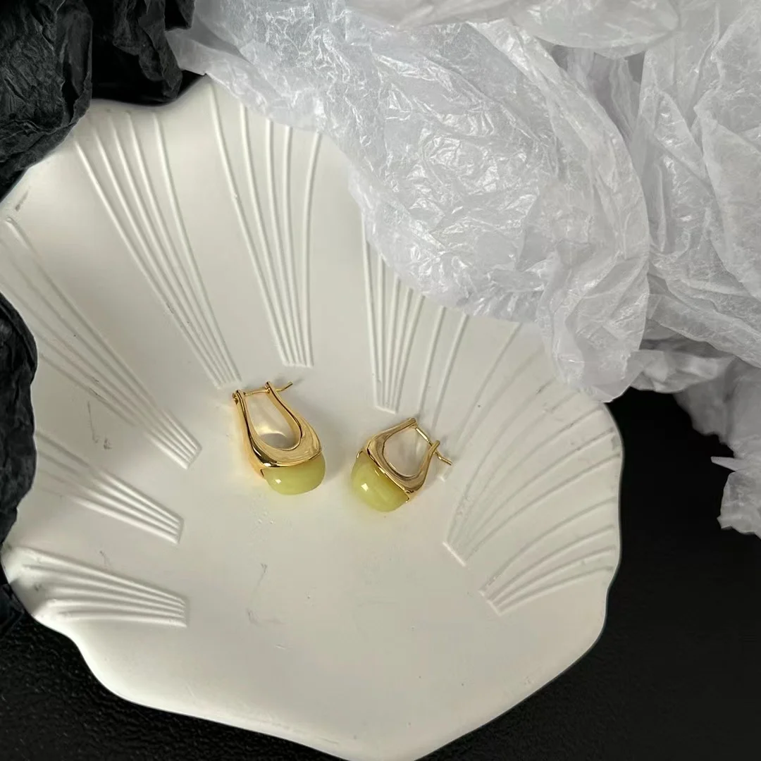 Fashion Top Quality Real Gold Plating Opal Jade Stone U Shape Hoop Earrings