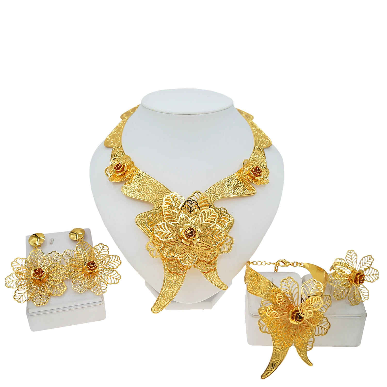 Zhuerrui hot selling new Italian jewelry set textured 18K gold-plated necklace flowers sweet romantic girl wedding 4-piece set