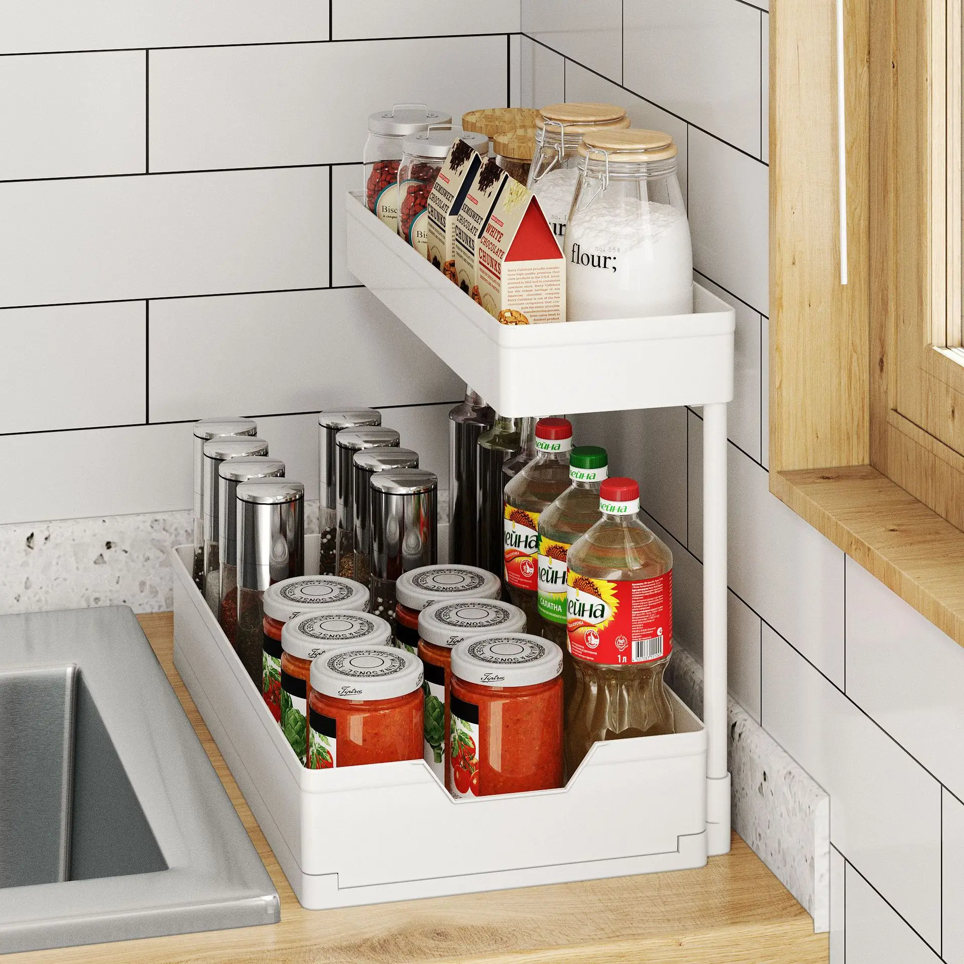 2-Tier L shape Spice Organizer Rack Countertop Condiment Display Shelf Drain Rack Kitchen Bathroom Storage Shelves