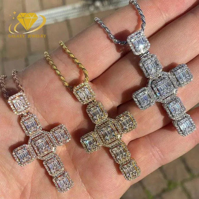 Hip Hop Jewelry White Gold Plated Jesus Cross Pendant Silver Baguette Vvs Moissanite Cross Pendants Gold Cross Pendant For Men