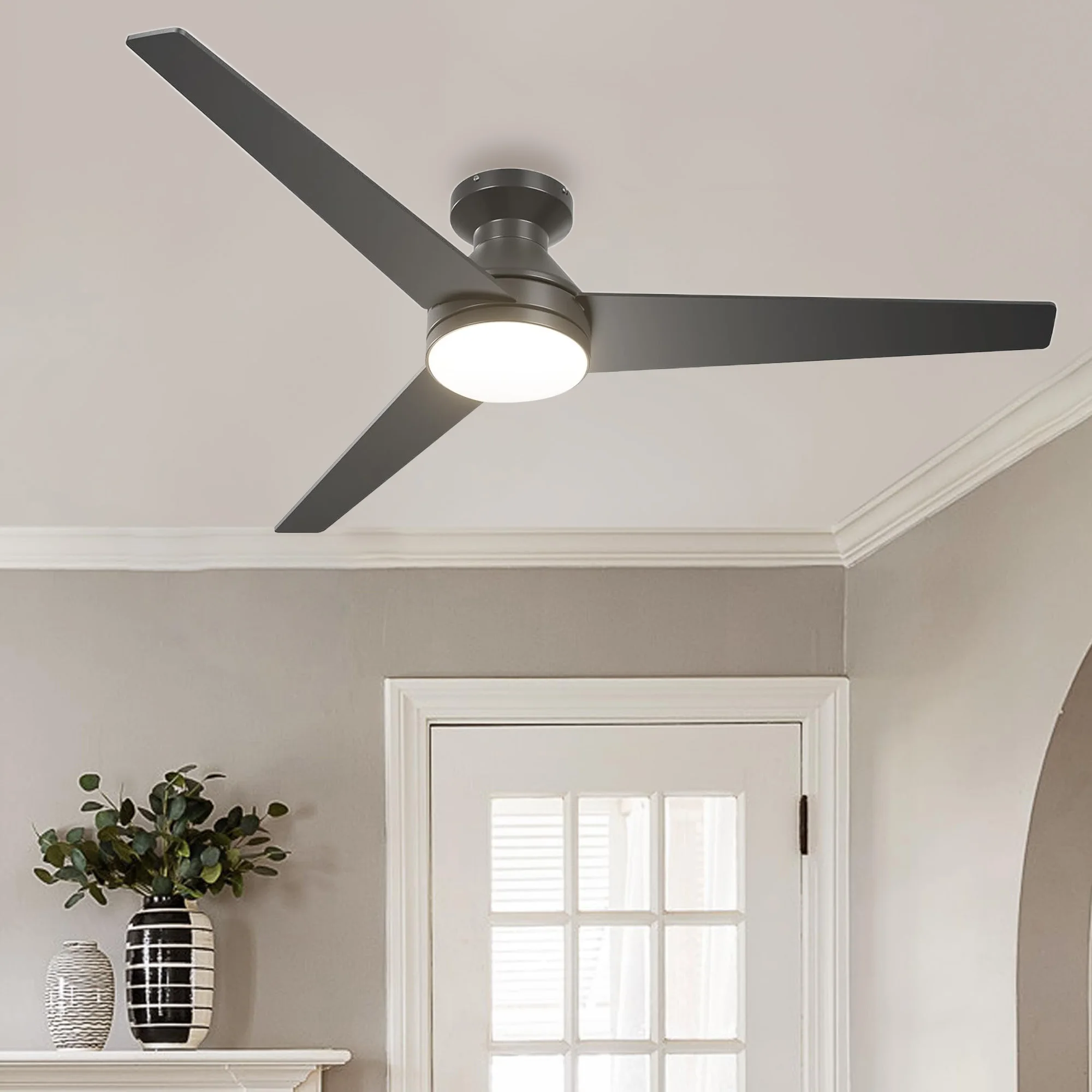 Modern indoor decorative 52 Inch 3 blades DC 110-230V fully copper low profile ceiling fan with LED lights