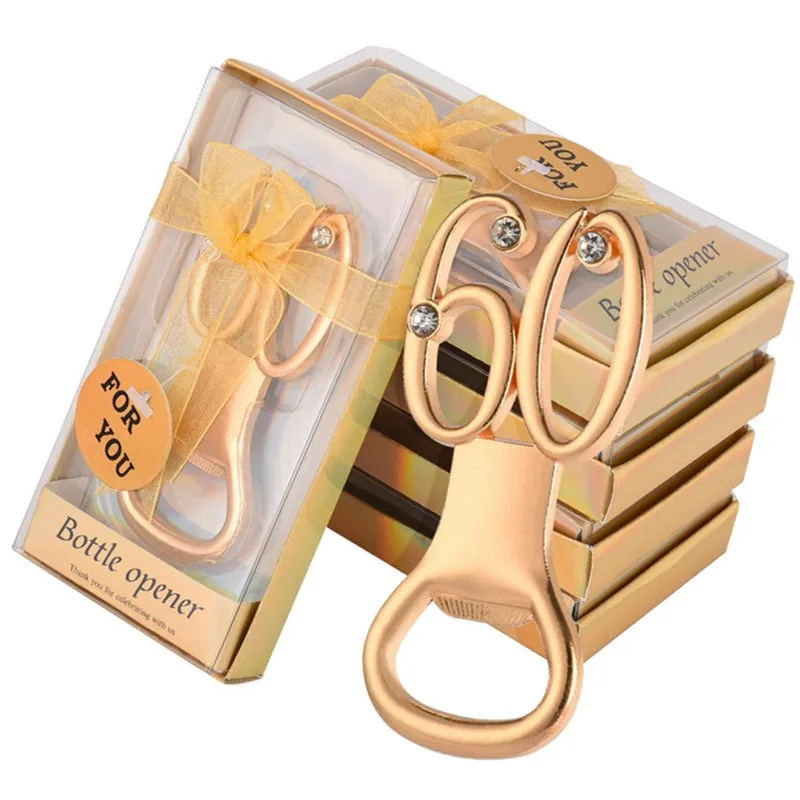 HXY Bottle Opener Ring 60th Happy Birthday Gold Metal Beer Corkscrew Party Favor 60 Anniversary Beer Bottle Opener