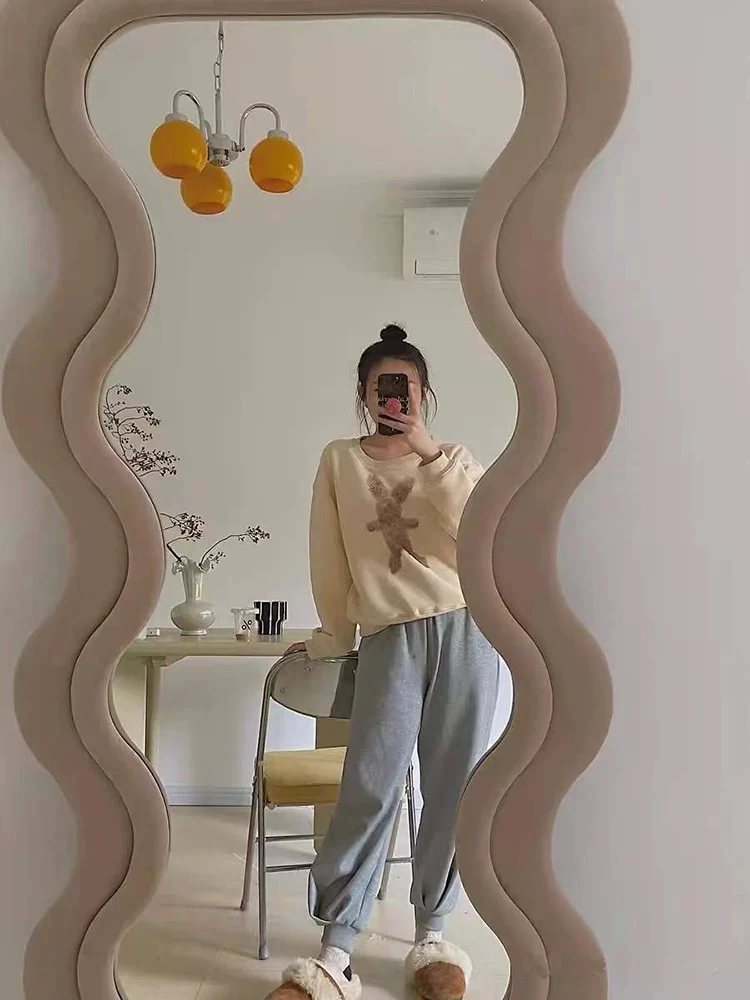 Hot sale  Ins Wave Shape Plastic Frame Bedroom Full Length Mirror Cafe Living Room Long Decorative Standing Mirror