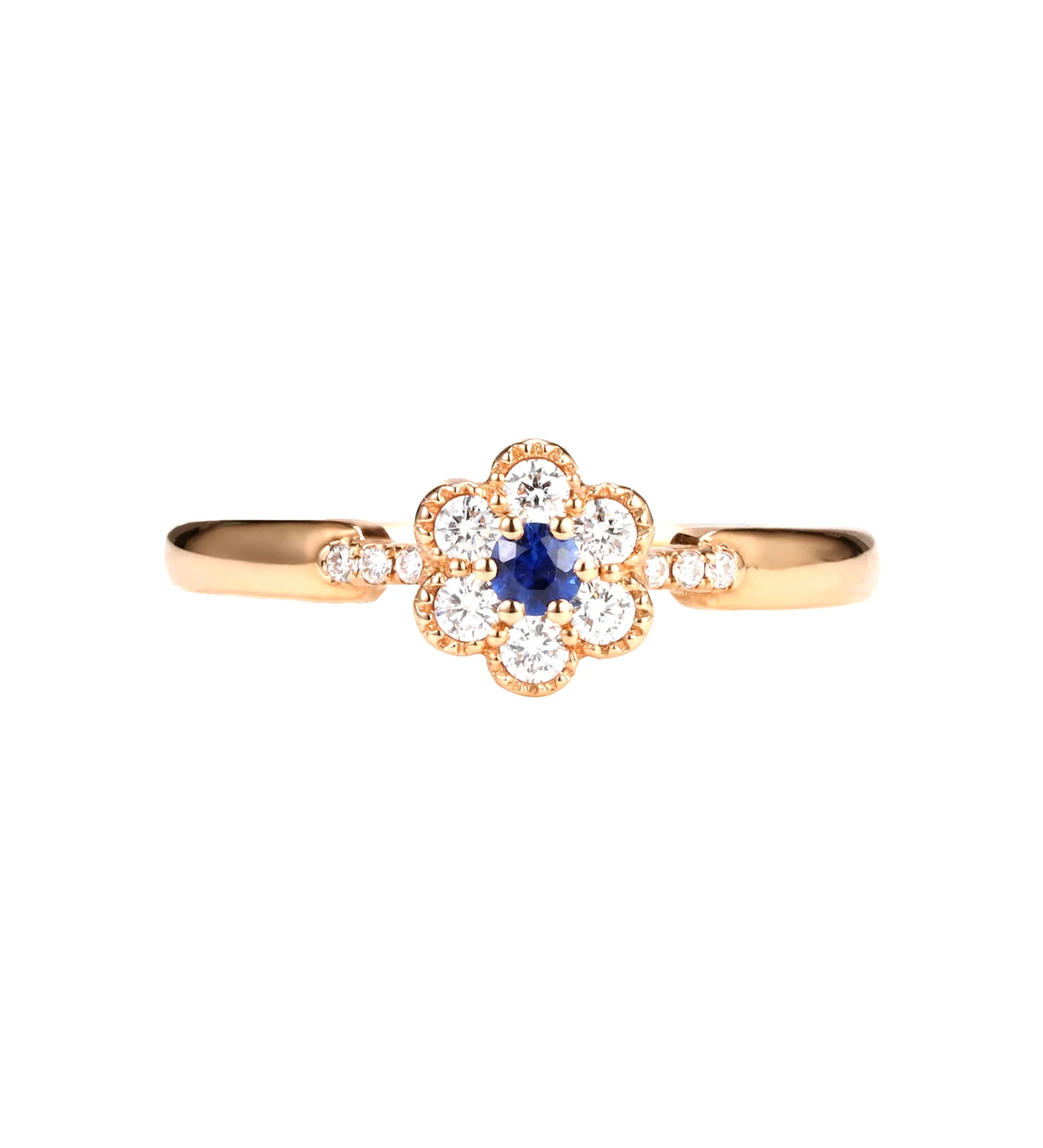 Anniversary Gift Antique 14k Rose Gold Natural Sapphire Flower Moissanite Engagement Ring