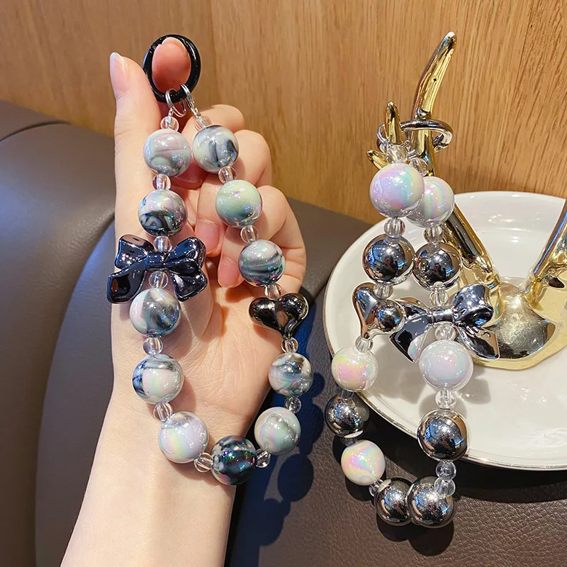 DIY Heart Beaded Phone Case Lanyard Sweet Fashion Acrylic Bowknot Mobile Phone Keychain Accessories For Women