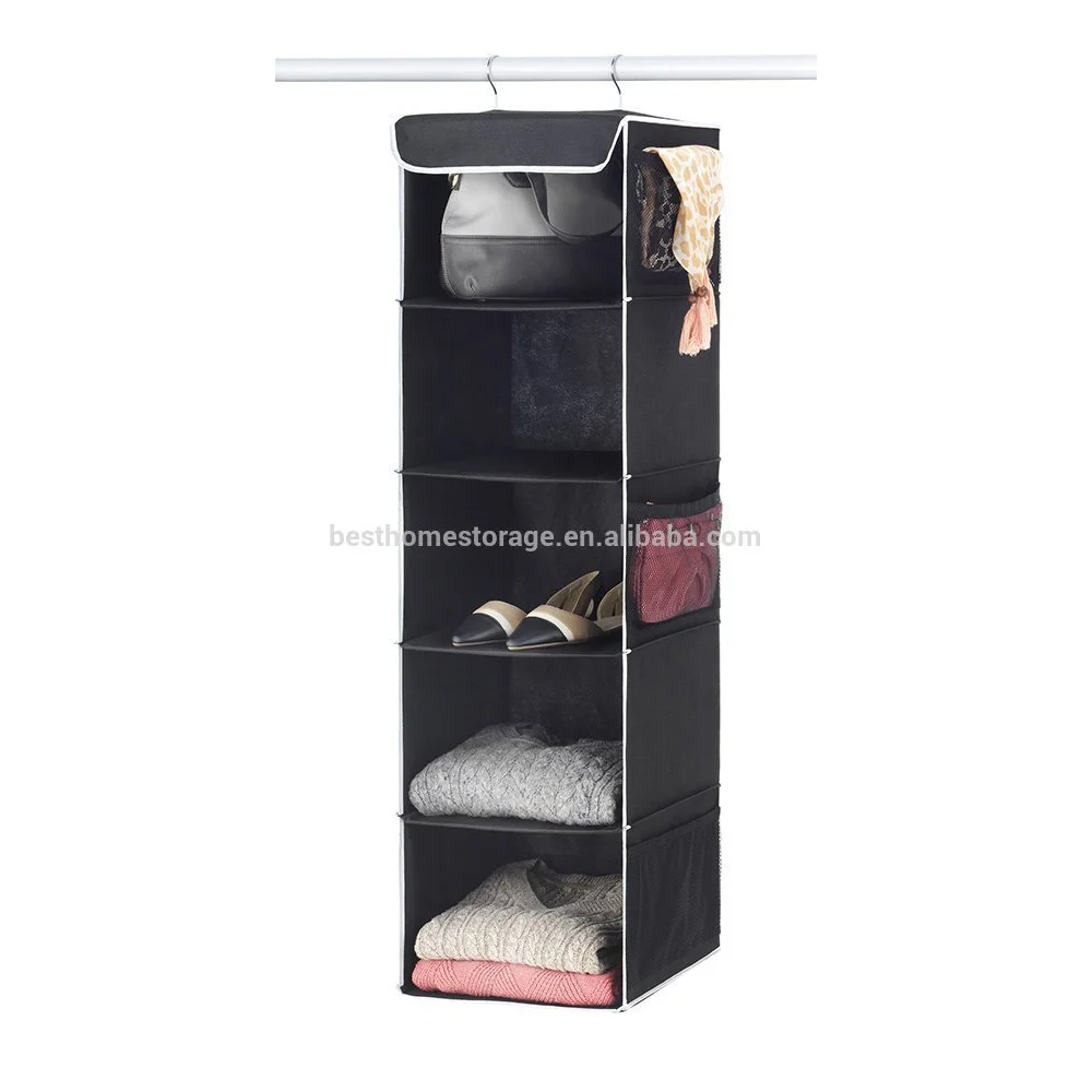 5-Shelf Hanging Closet Organizer, 6 Side Mesh Pockets Breathable Polypropylene Hanging Shelves - for Clothes Storage