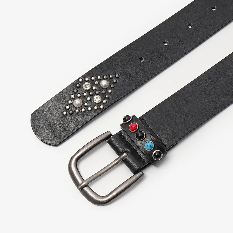 New Arrival Ladies Western Style Wide Jeans Belt Cow Hide Studded Designer Belt with Cool Alloy Buckle Hot Selling for Women