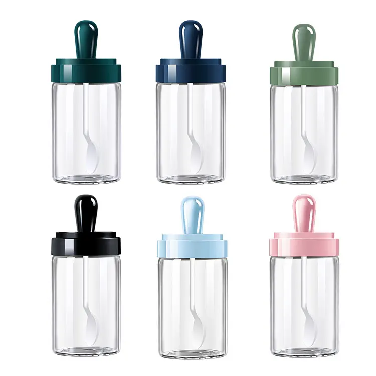 
New Food Sealed Airtight Round Kitchen Glass Sugar Tea Bottles Plastic Seasoning Jar Food Spice Storage Jar with spoon 