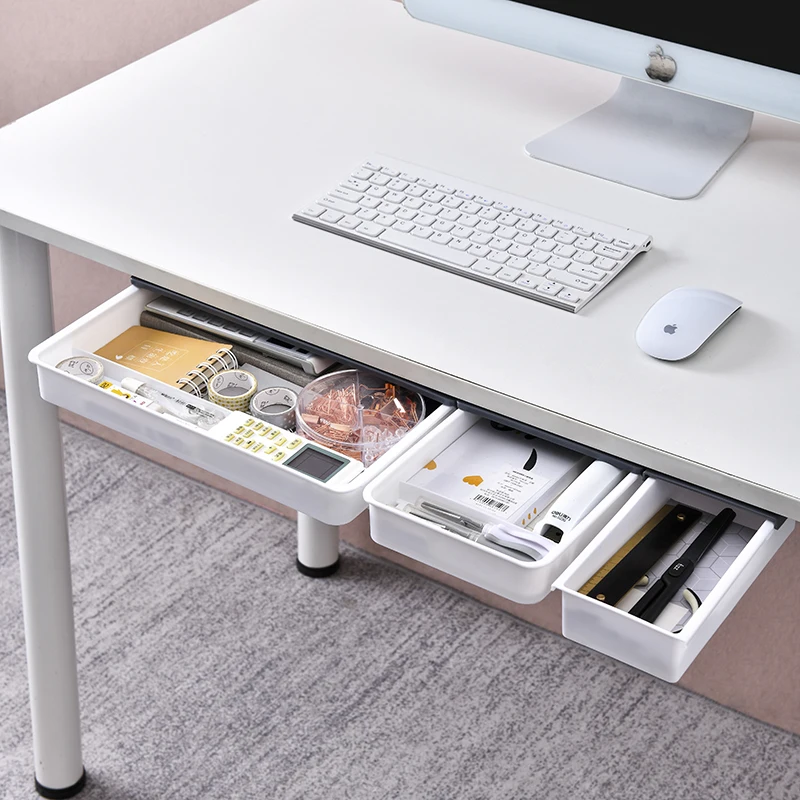 Office Hanging White Gray Space-Saving Item Organizer Self-Adhesive Under Desk Hidden Sliding Plastic Drawer
