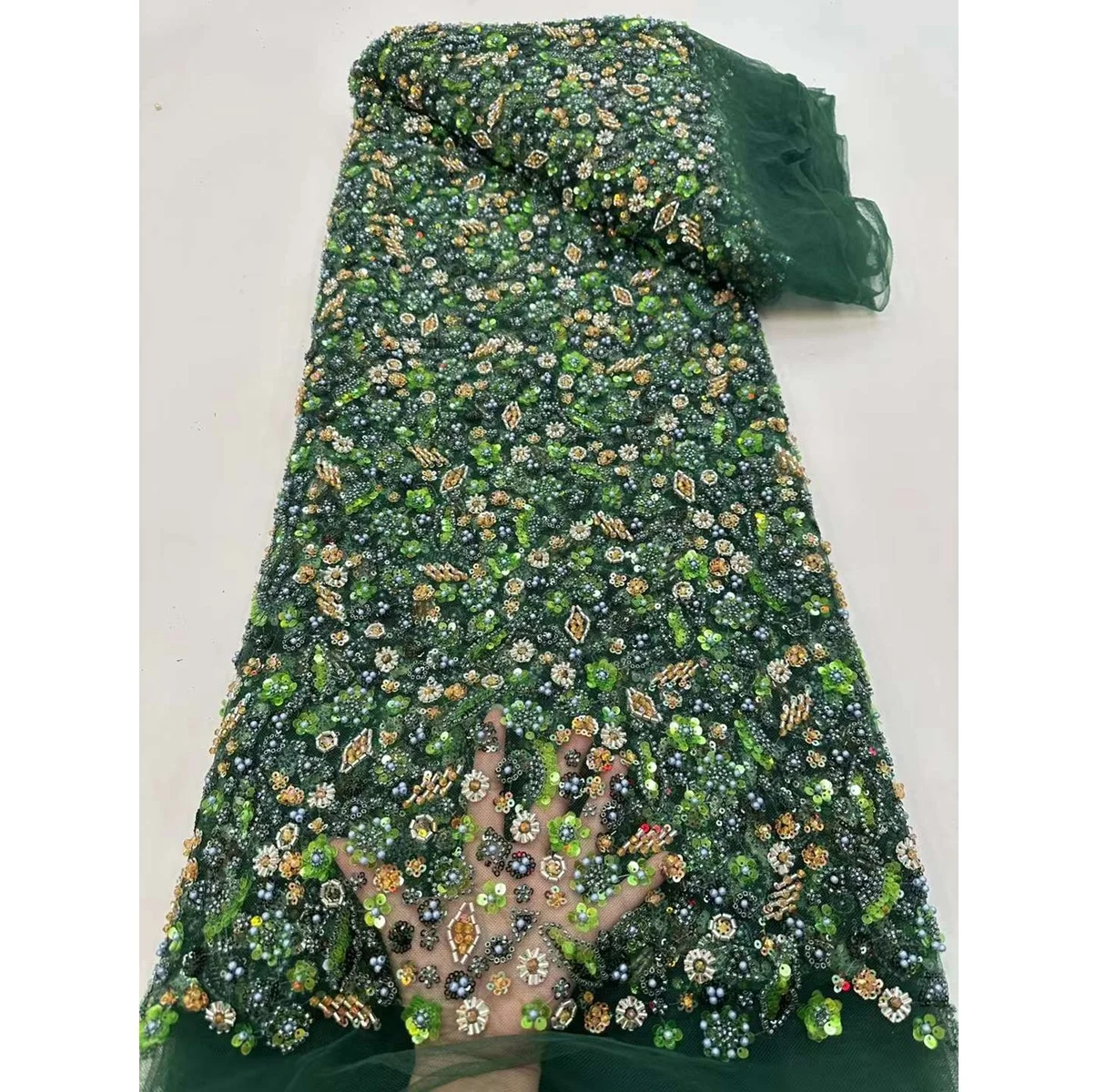 New Design Lace Fabric French Lace With Heavy Sequins And Beads Tulle Lace Fabric With Colorful Pattern For Dress