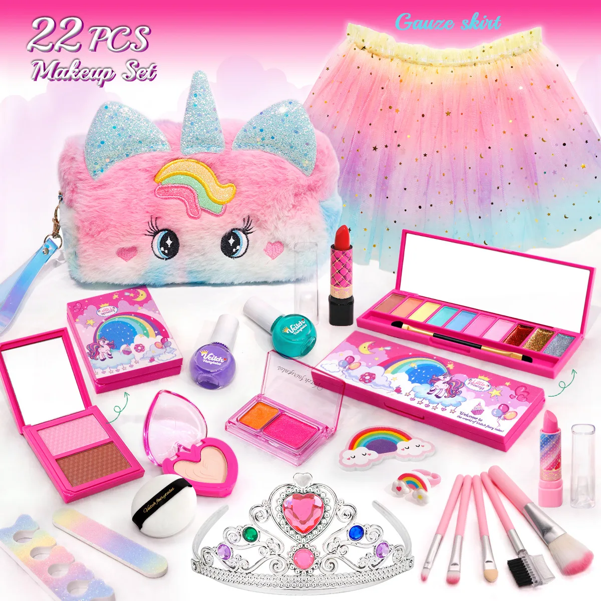 Kids Unicorn Makeup Toy Kit for Girls Washable Makeup Set Toy With Cartoon Bag Pretend Play Makeup Beauty Set Birthday Toys Gift