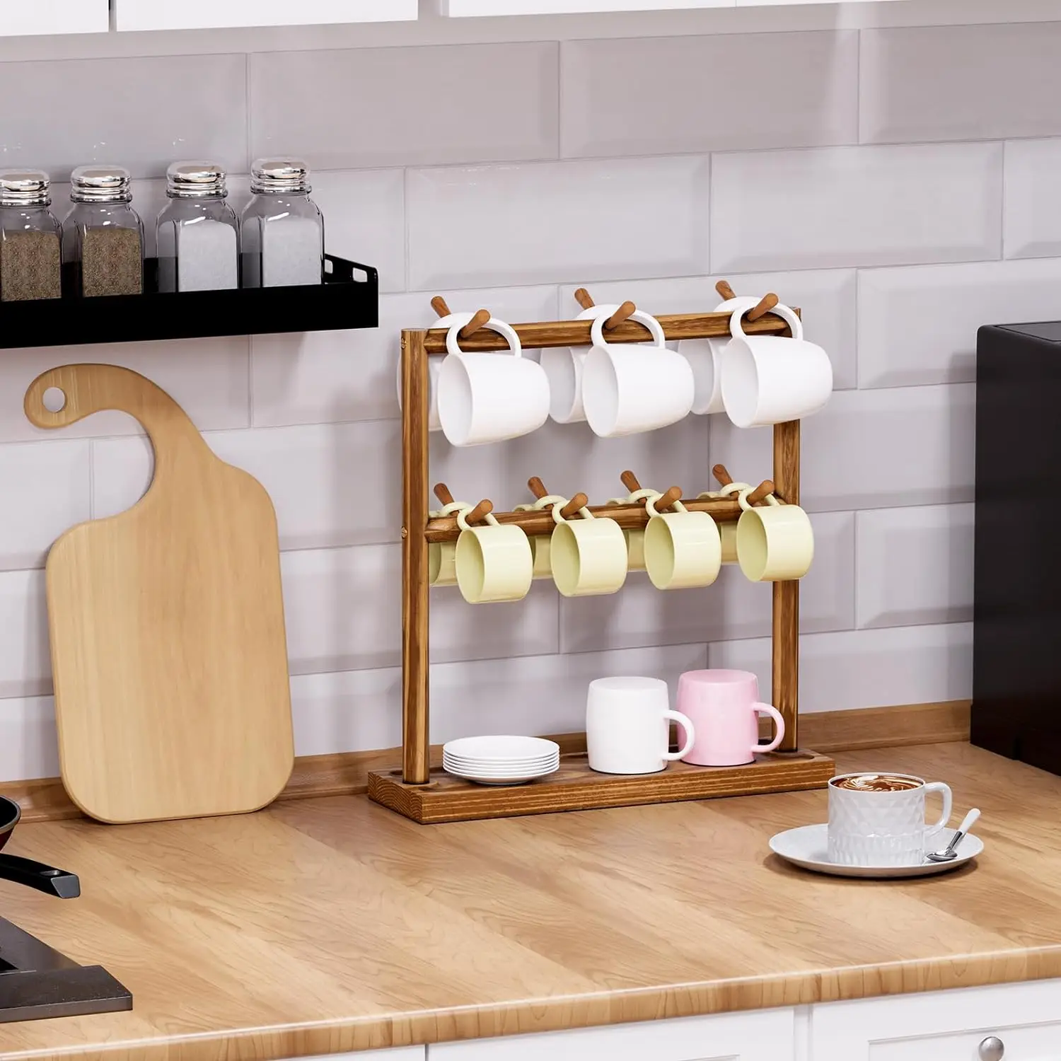 Mug Holder Coffee Cup Shelf for Counter, 2 Tier Wood Mug Tree Stand Organizer with 14 Sturdy Hooks and Storage Base,