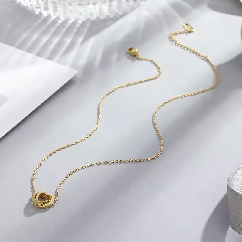 European and American 18k rose gold simple double ring love collarbone chain titanium steel non fading necklace