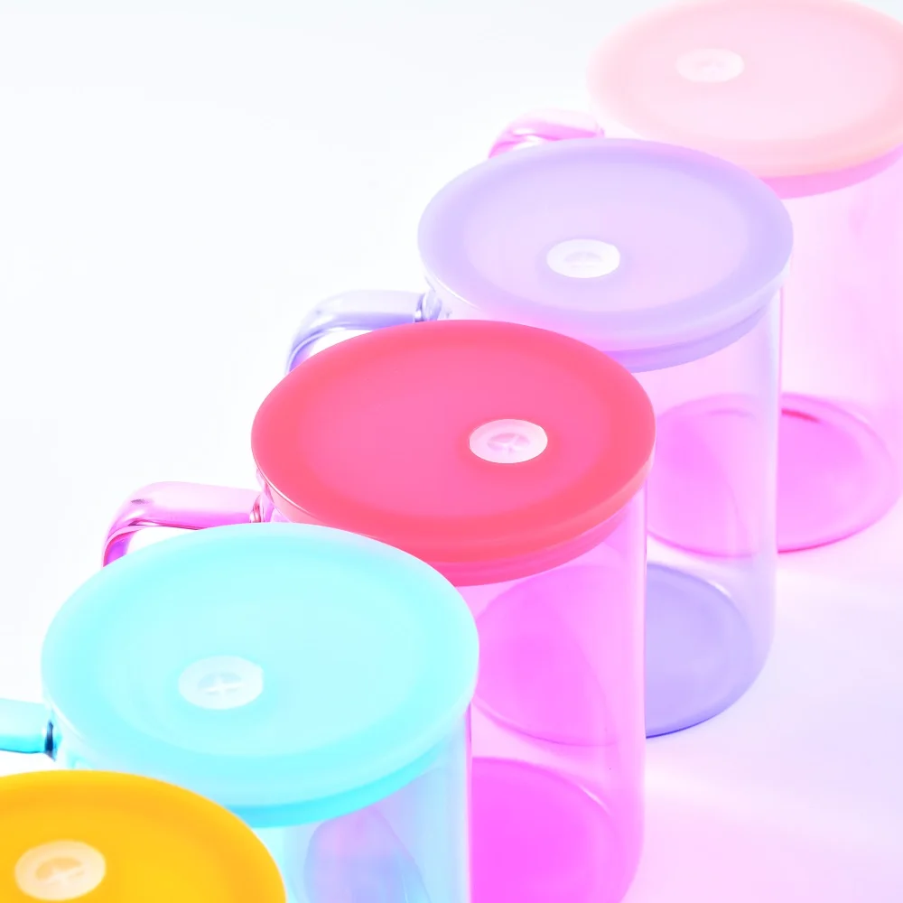 wholesale bulk 15oz Jelly Glass Camper Mug with colored pp lid Tea Milk Beer Crystal clear sublimation glass mug with pp lid