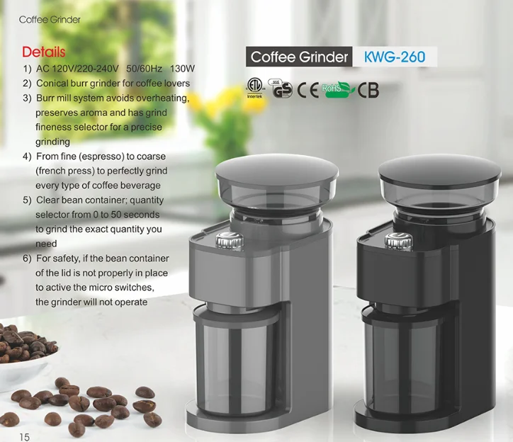 KWG-260 Factory Best Seller adjustable time mode professional plastic manual Coffee Grinder household commercial use for sale