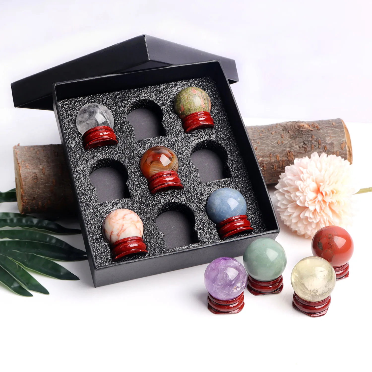 9pcs Mixed Natural Crystal 3cm Ball Quartz Chakra Stone Sphere Mineral Meditation Reiki Healing Collection Home Decor Gift Box