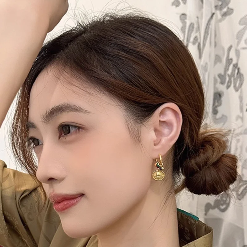 Versatile New Chinese Style Ruyi Persimmon Drop Earrings Simple Fashionable Enamel Stainless Steel for Parties