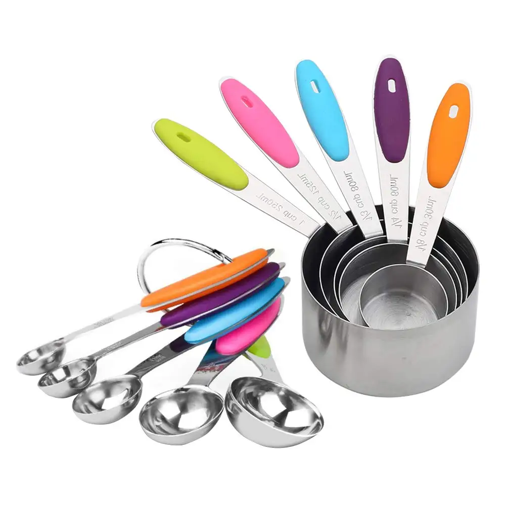 Stainless Steel Measuring Cups and Spoons Set of 10 Pieces Measuring Gadgets with Non-Slip Multi-Color Handles