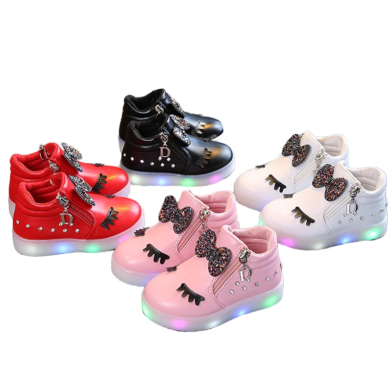 New Wholesale LED Light up Sneakers Boots for Kids Unisex for All Seasons Bow Closure Strap
