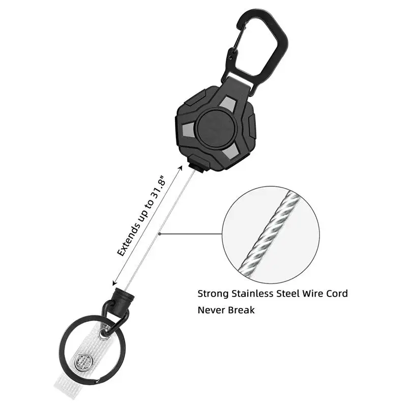 High Quality Heavy Duty Easy Pull Reel Buckle Steel Cable Anti-Lost Badge Holder Strong Carabiner Retractable Key chain